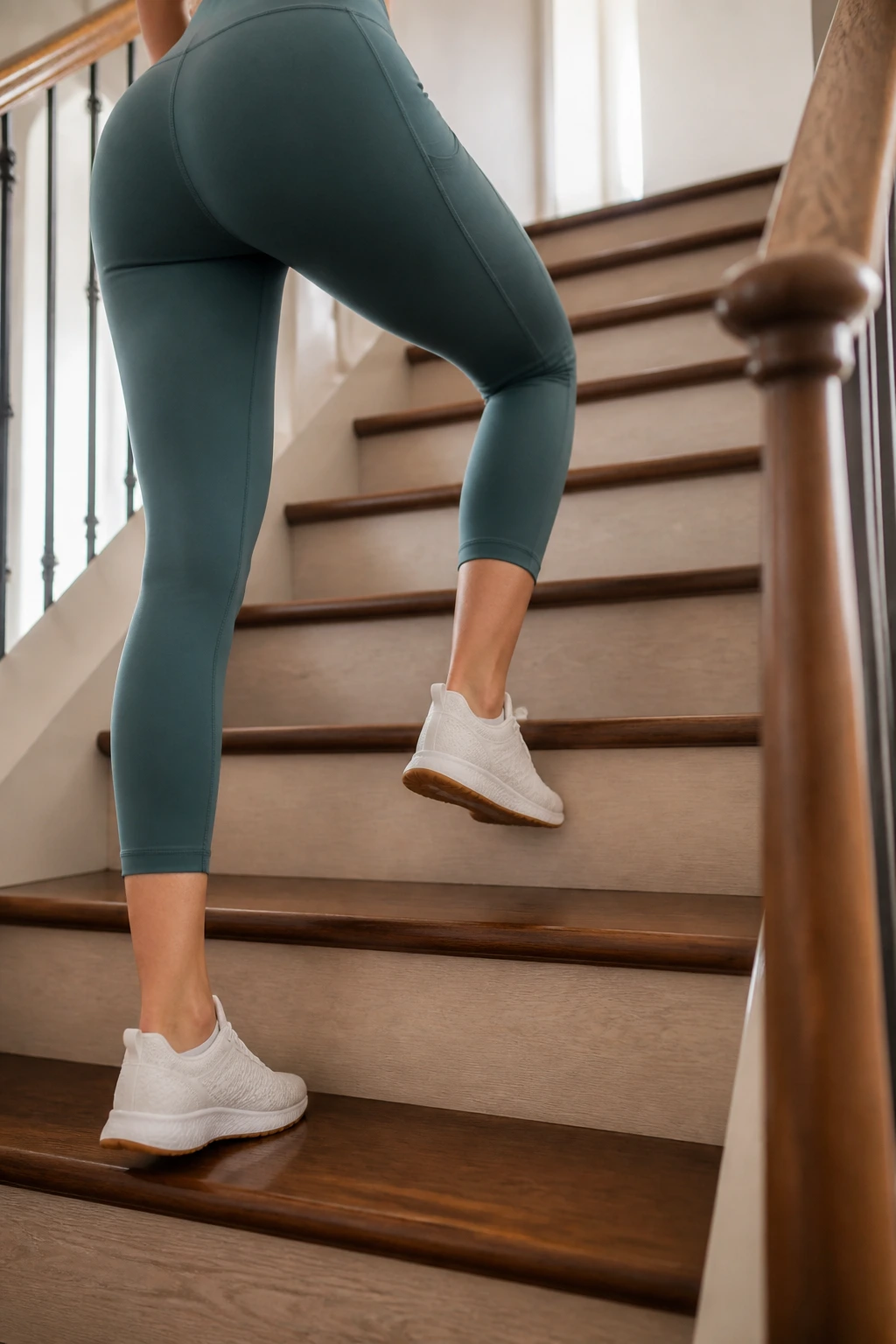 Person performing stair climbs and step-ups on home stairs