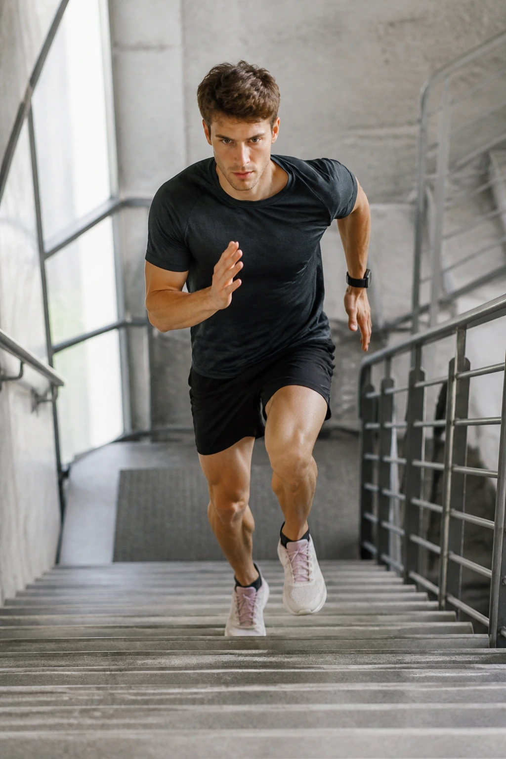 Runner powering up stairs during interval training