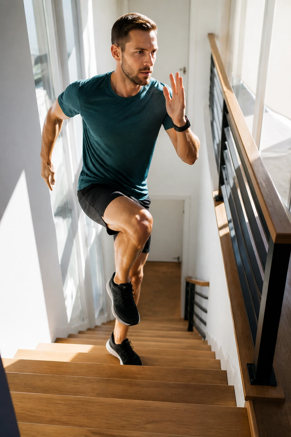 Person performing stair step-ups on home stairs