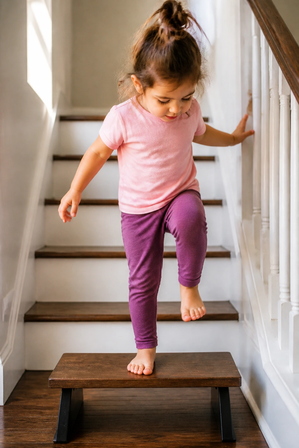 Toddler on a low step performing step touches in a home stair area