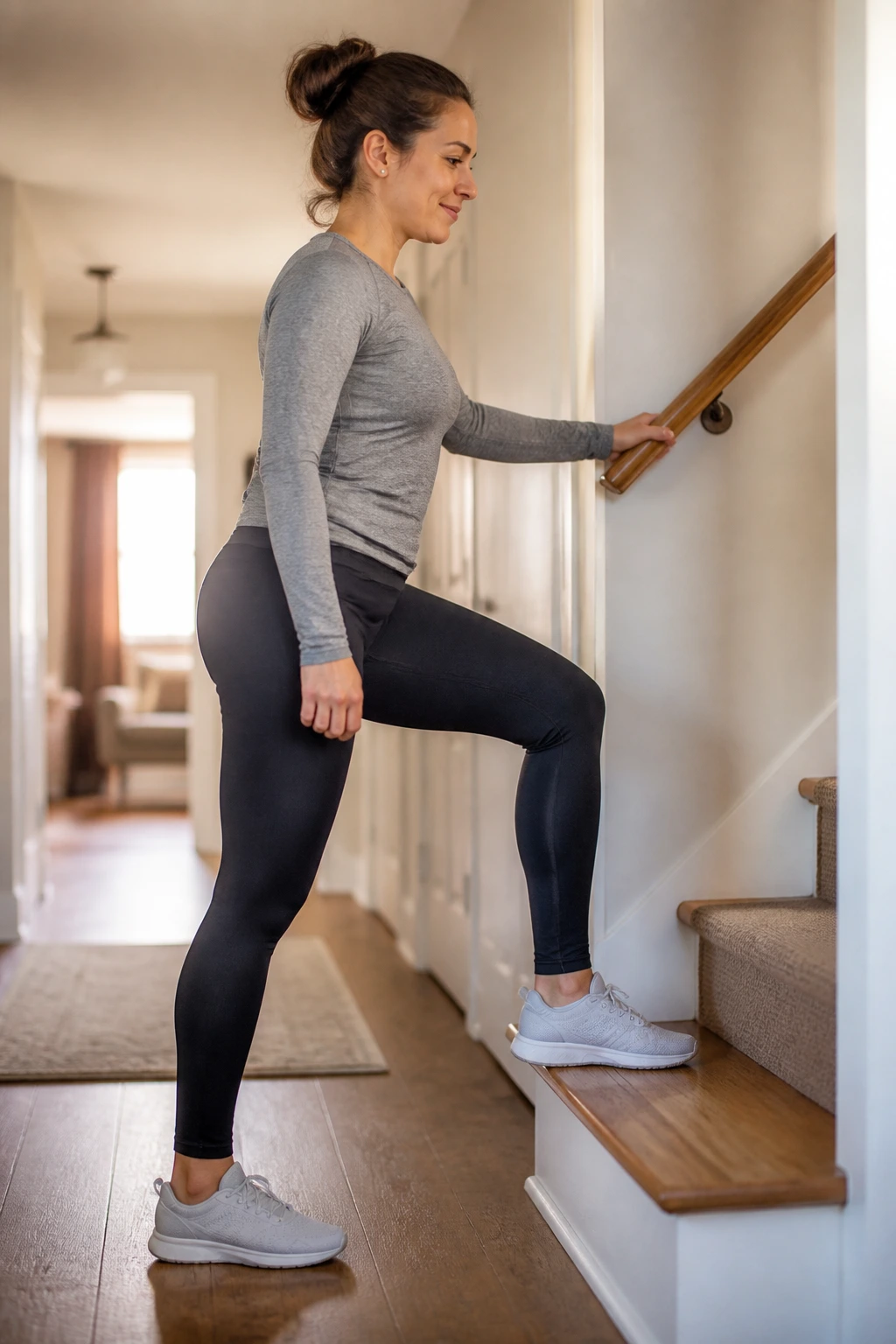 Mom performing low stair step-ups on a small stair.