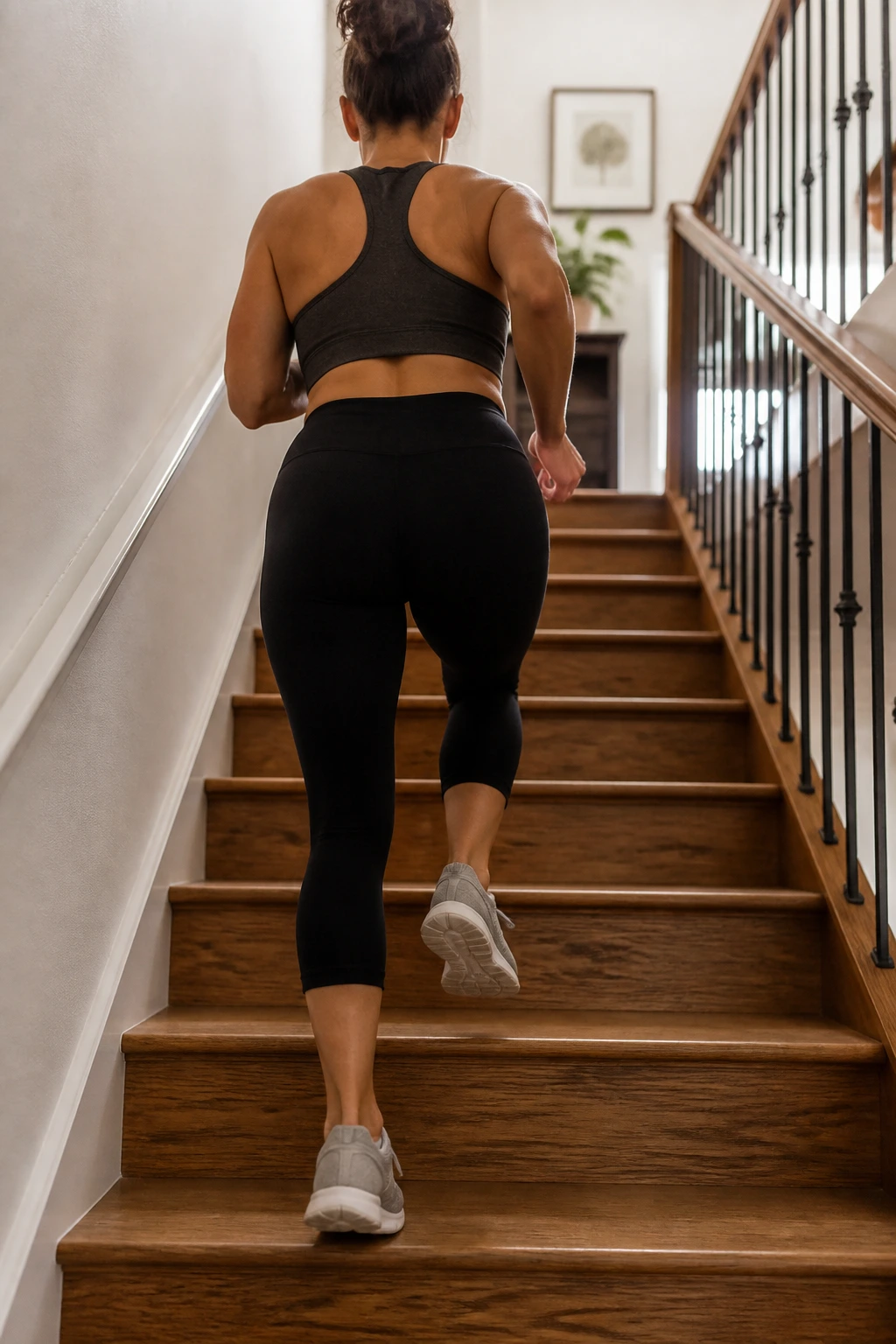 Person climbing stairs in a home setting