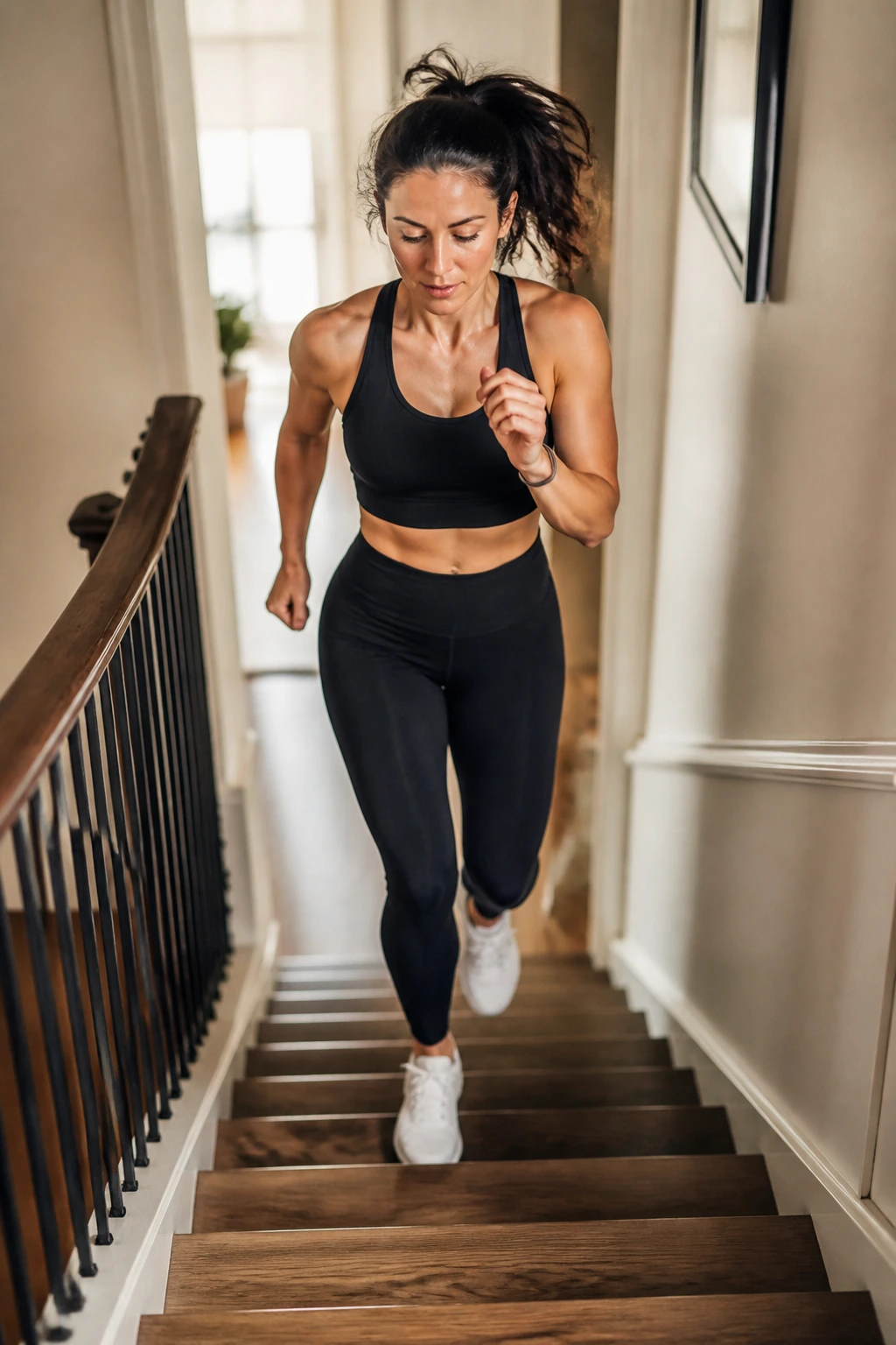 Woman climbing stairs in a home hallway