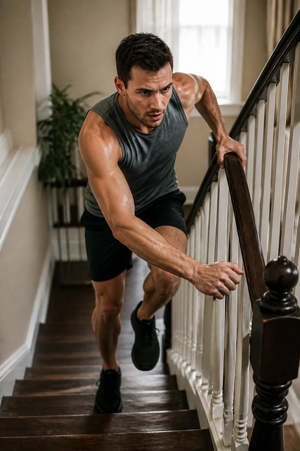 Person performing stair intervals on home staircase