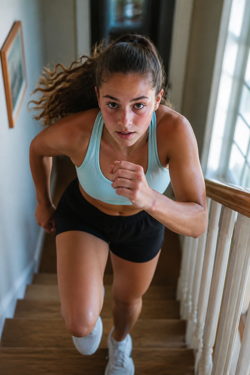 Close-up of a teen girl stair sprinting in a home staircase