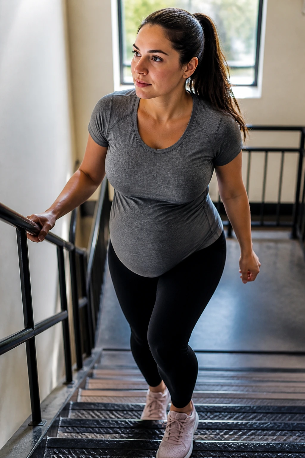 Person climbing stairs with controlled pace and proper posture