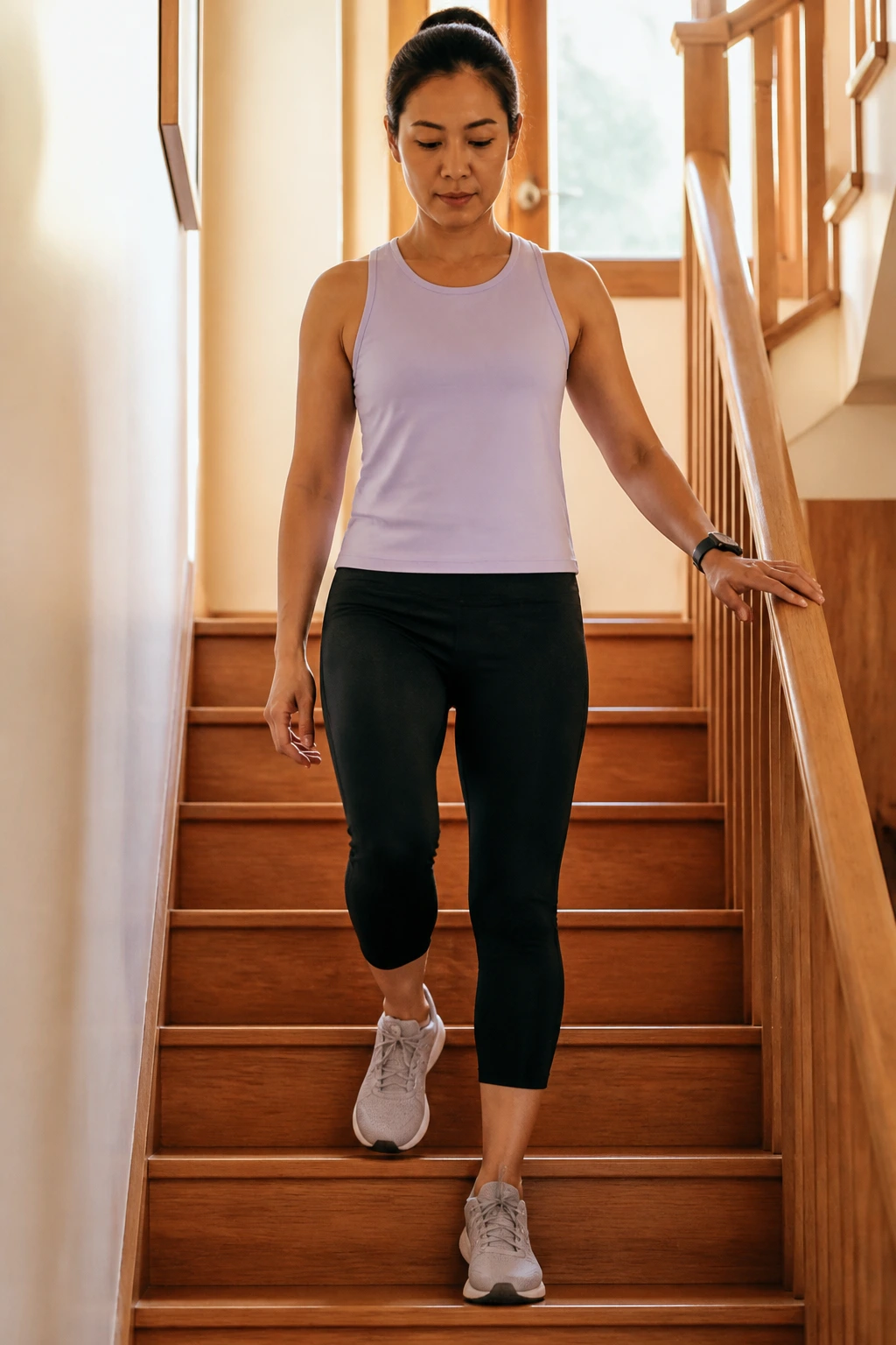 Person walking up stairs inside a home, mid-stride.