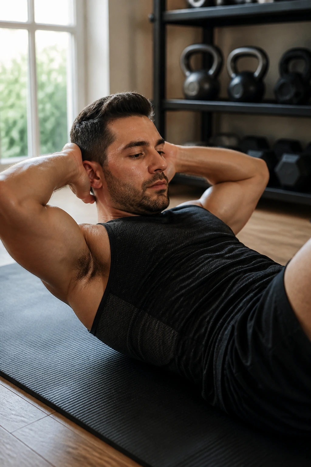 Close-up of a person performing a standard floor crunch on a mat, abs engaged and shoulders lifting.