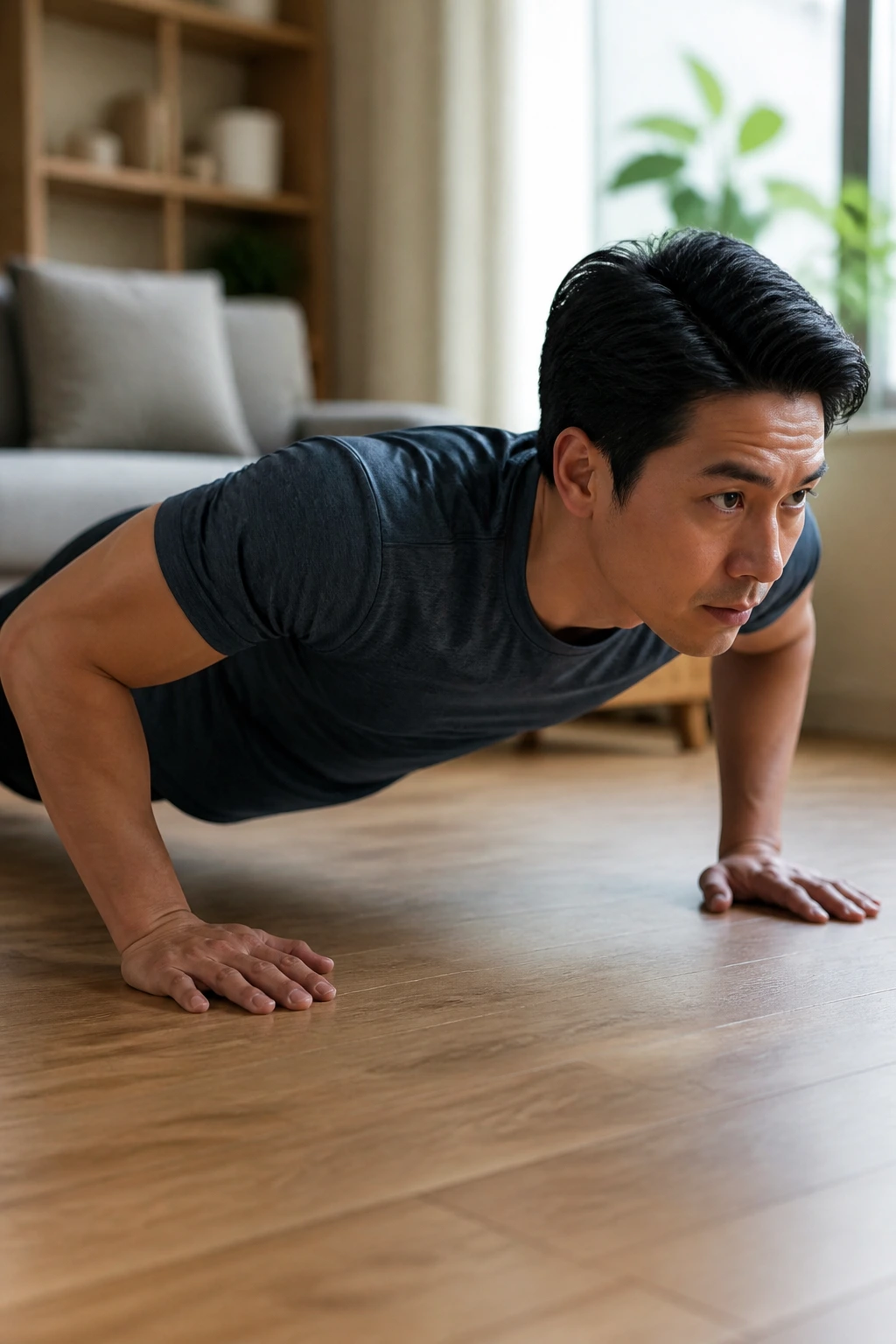 Real person performing Standard Push-Up with proper form on a home floor