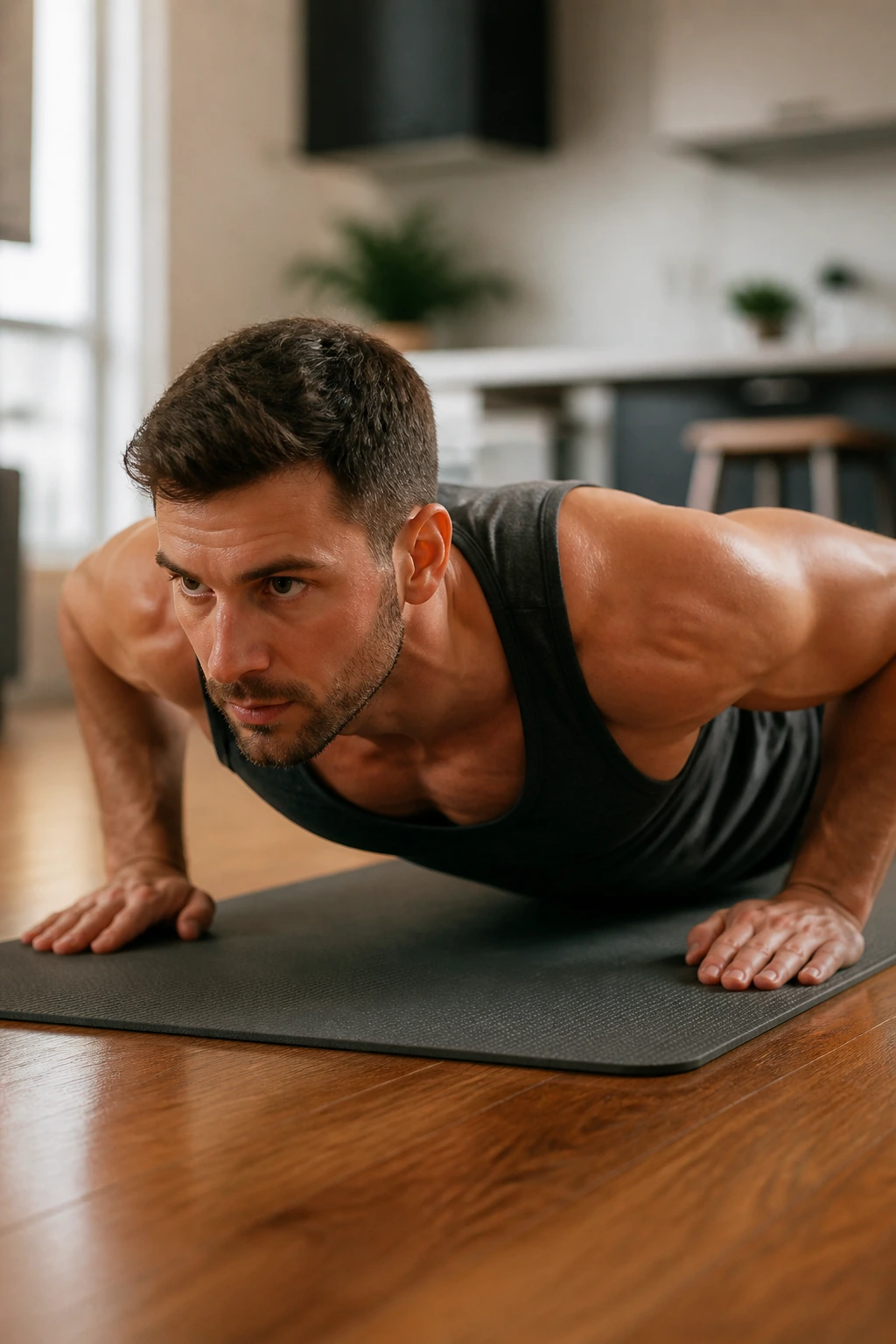 Real person performing standard push-up in a home gym