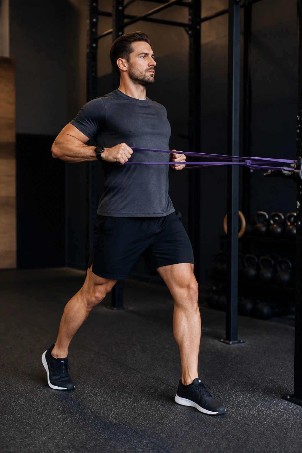 Person performing standing band row in split stance with stable torso