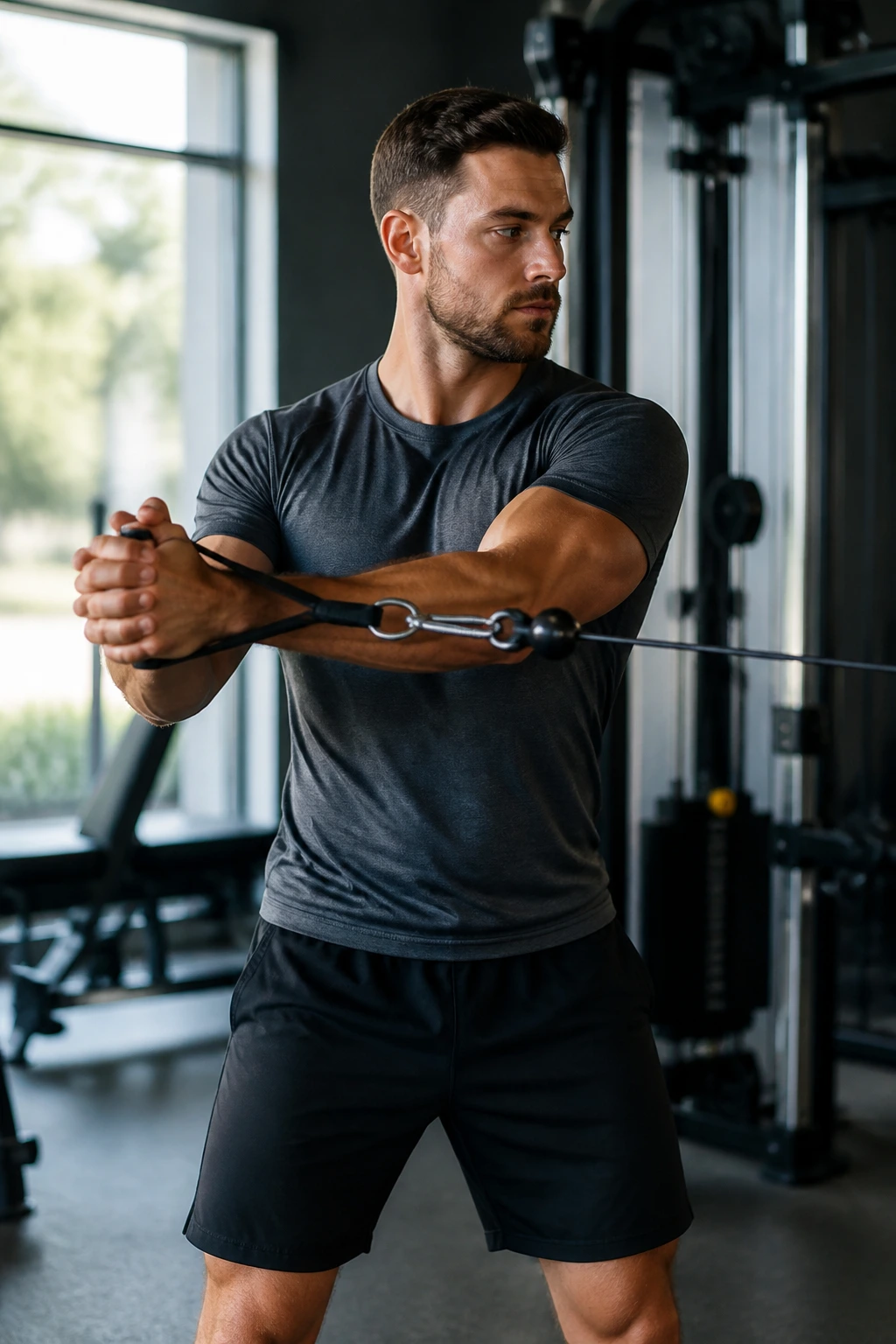 Close-up of a real person performing Standing Cable Rotation in a gym