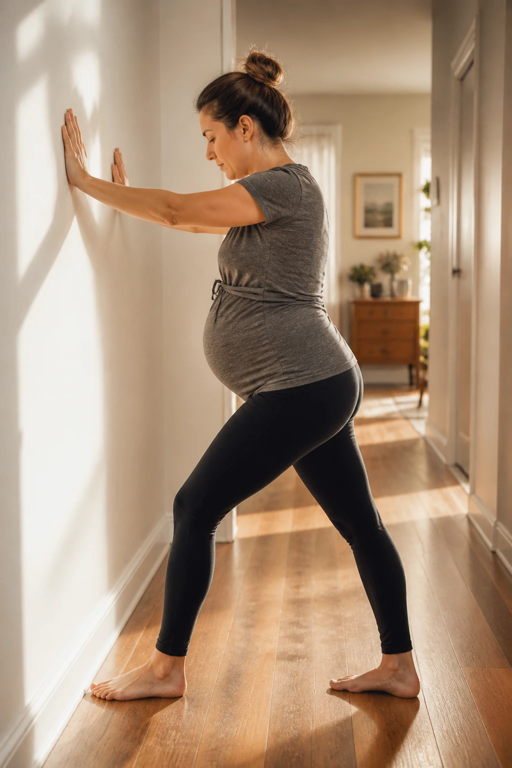 Pregnant woman performing standing calf stretch against wall in a sunlit home hallway