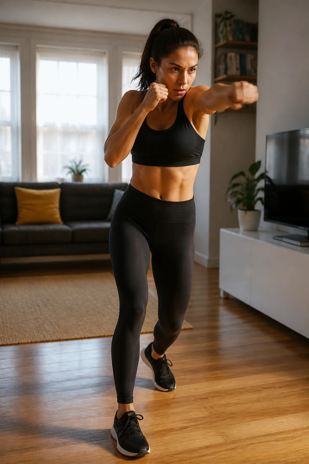 Dynamic standing cardio burst with fast feet and punches