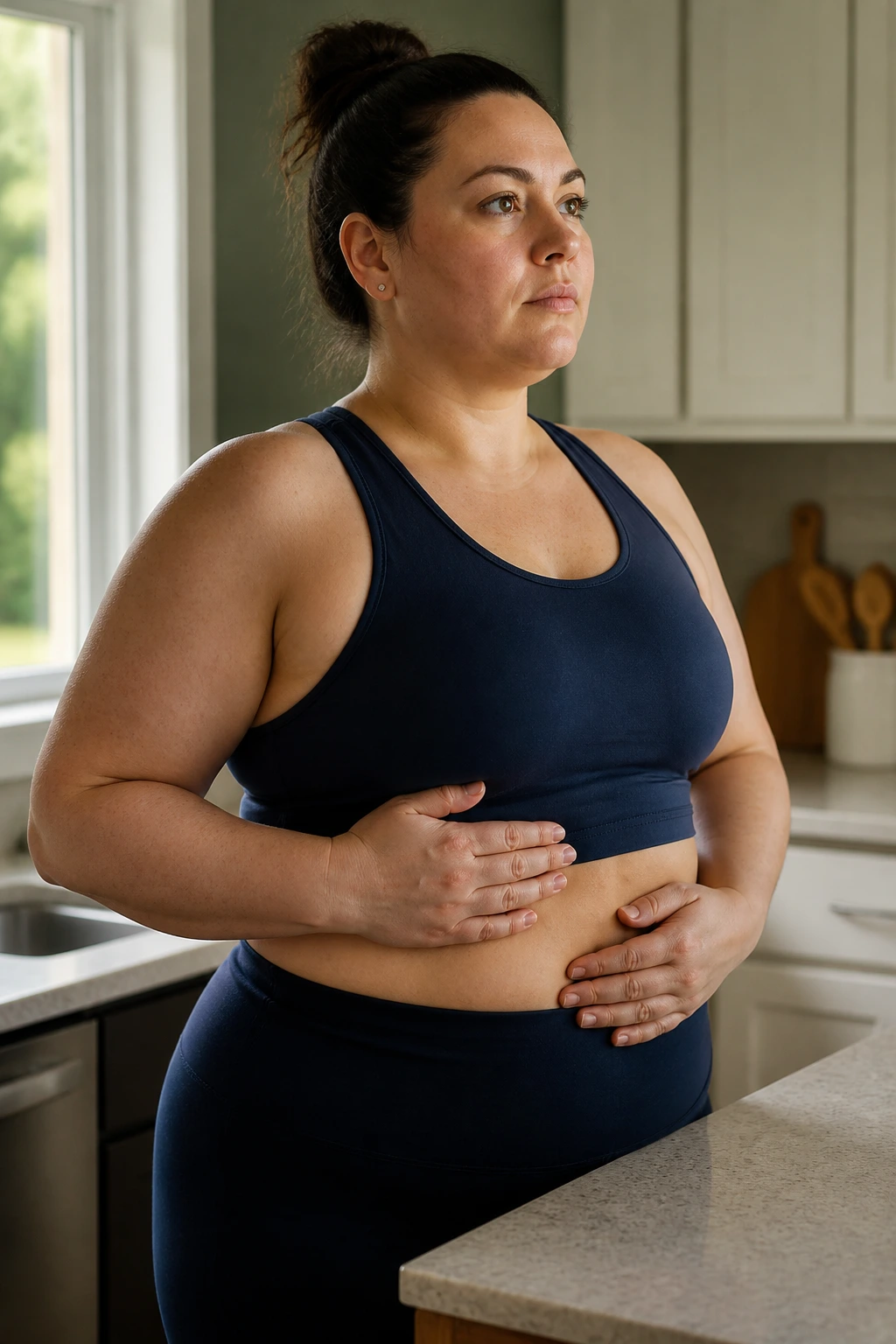 Torso-up portrait of a real person bracing the core and breathing in a kitchen