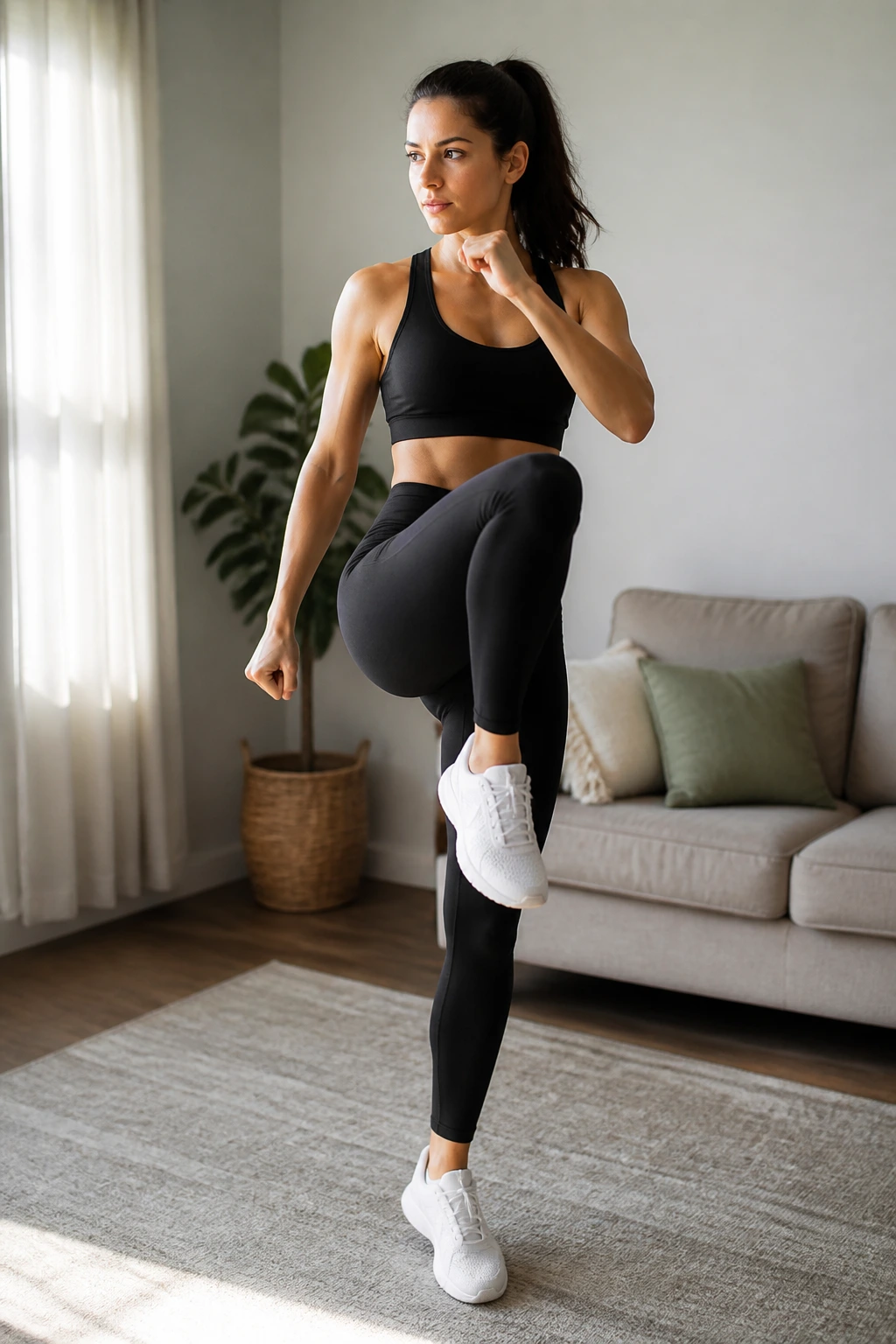 Mid-shot of a woman standing and performing knee drives at home