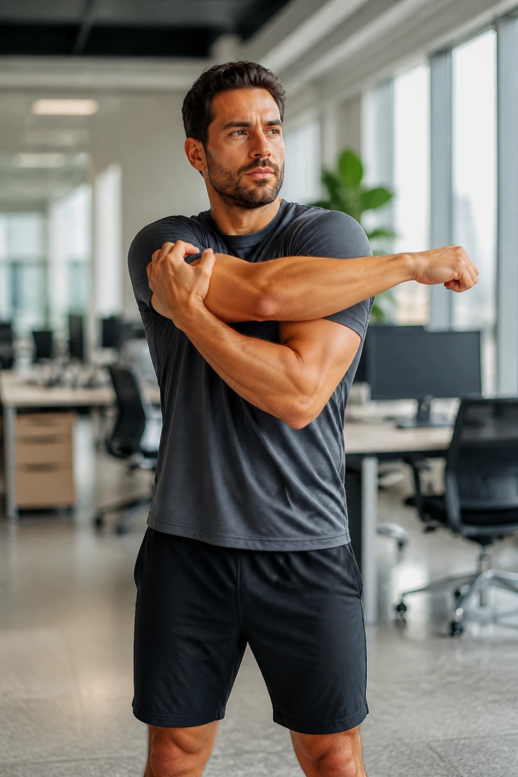 Person performing standing cross-body shoulder stretch in an office.