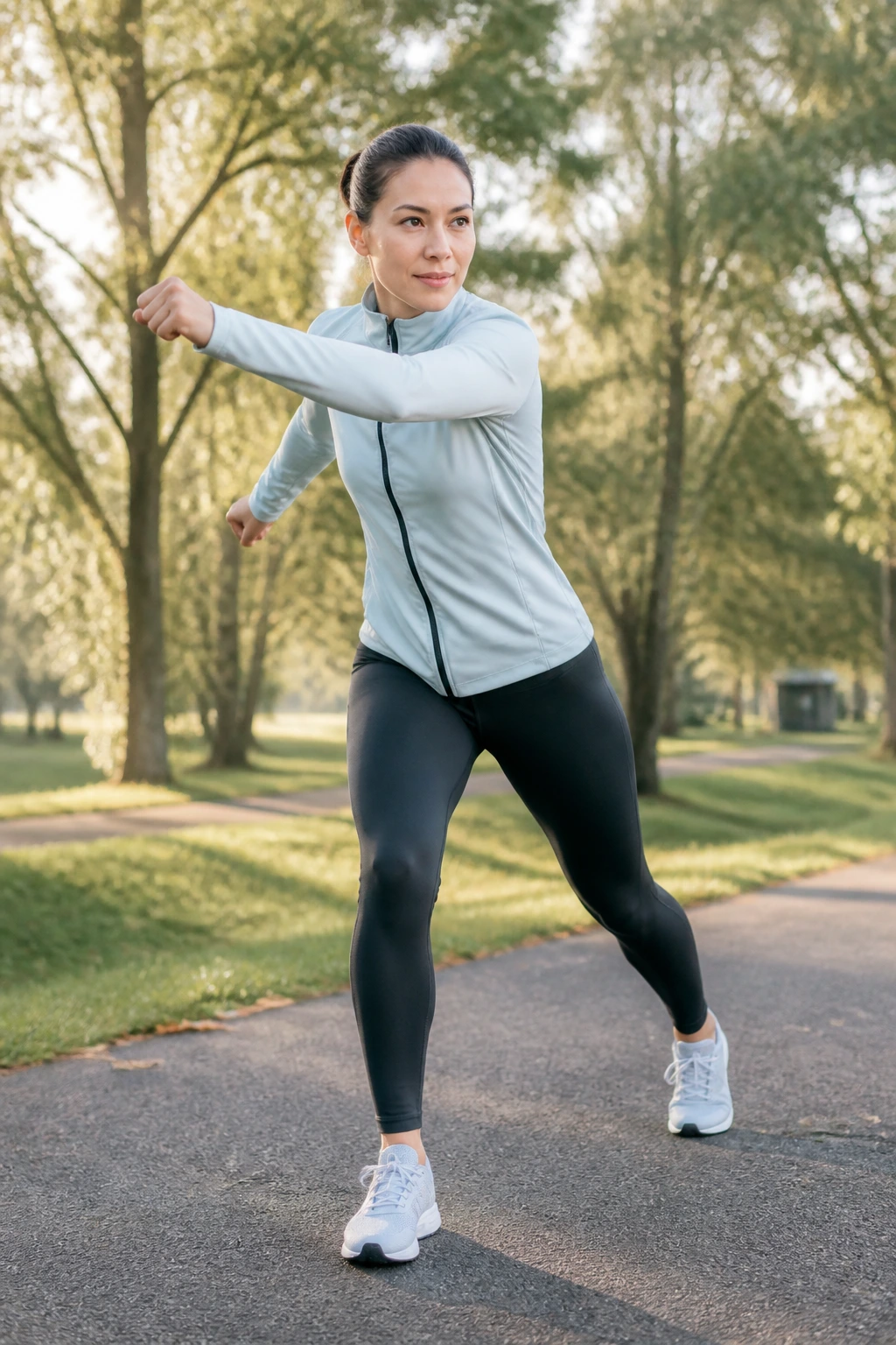 Real person performing standing cross-country skiing motion in a park