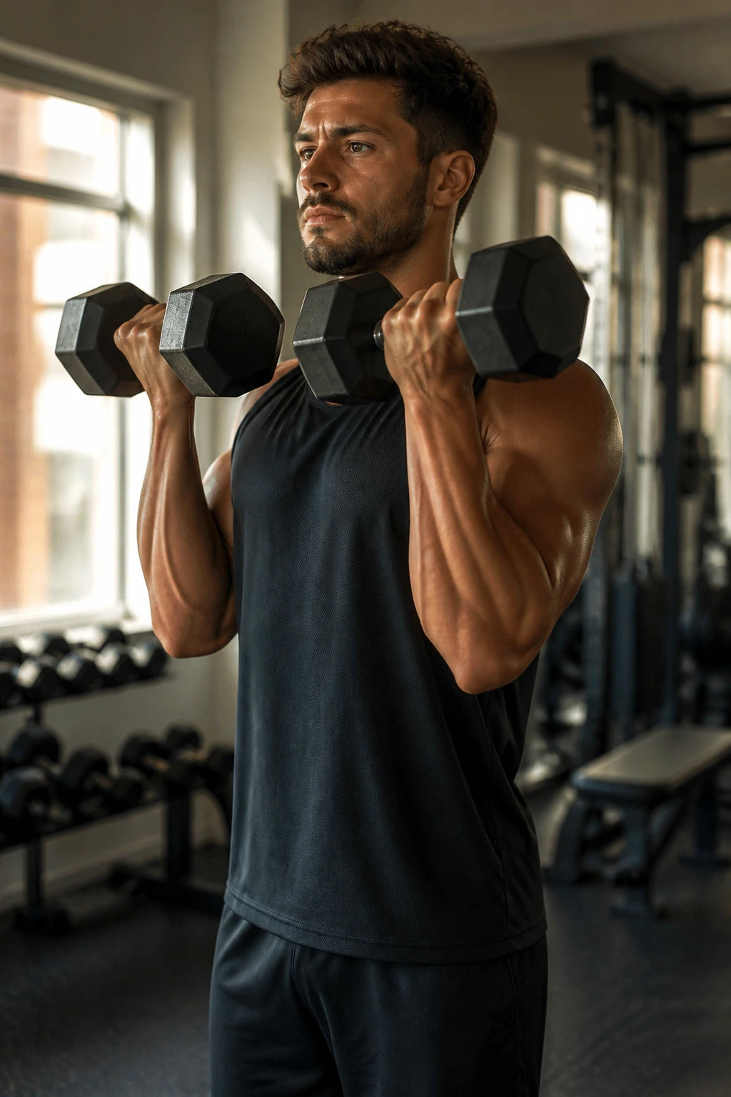 Close-up of a person performing a standing dumbbell curl with supinated grip, elbows close to torso