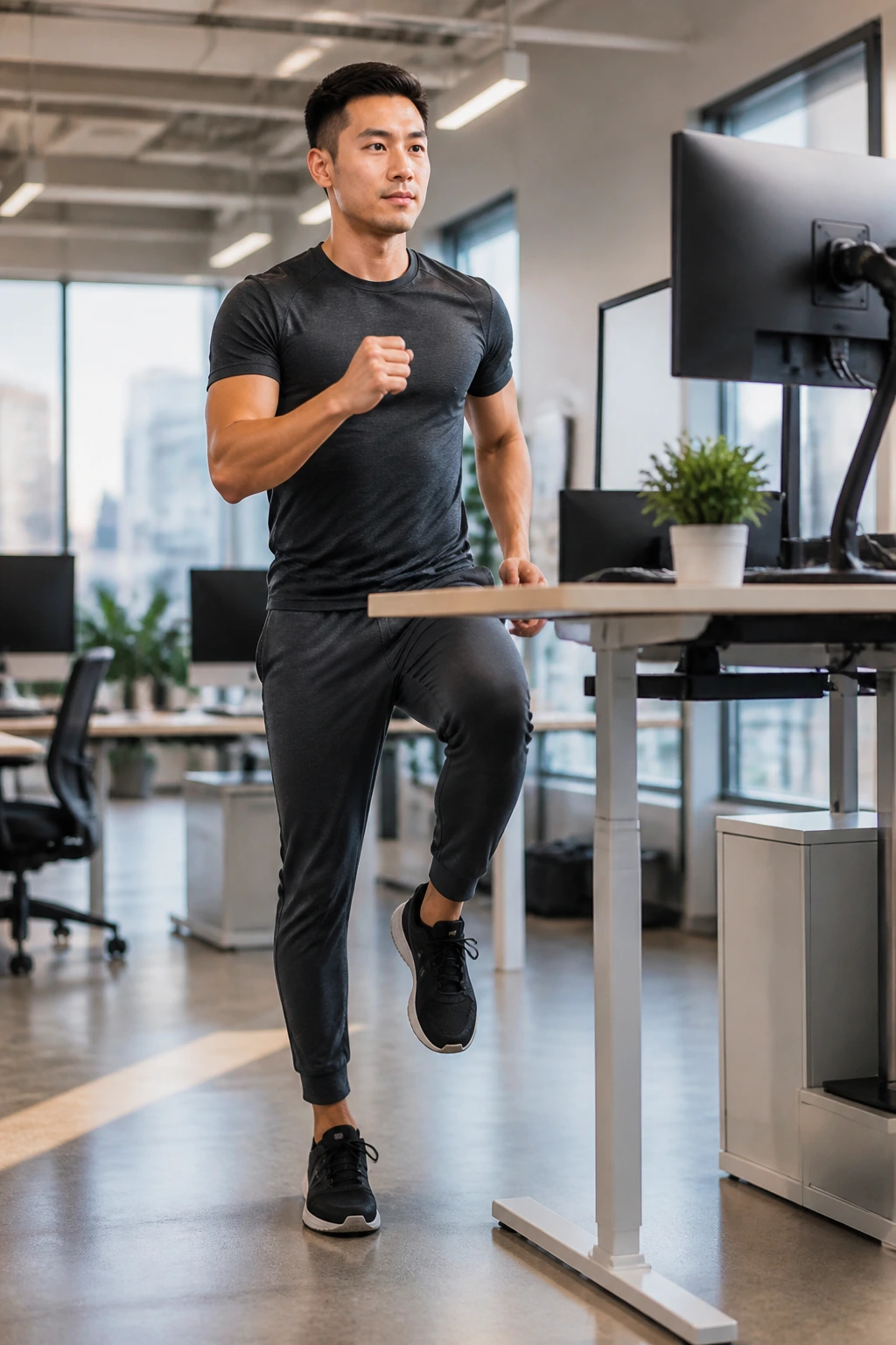 Real person performing standing desk marches in an open office, mid-motion knee lift and arm swing.
