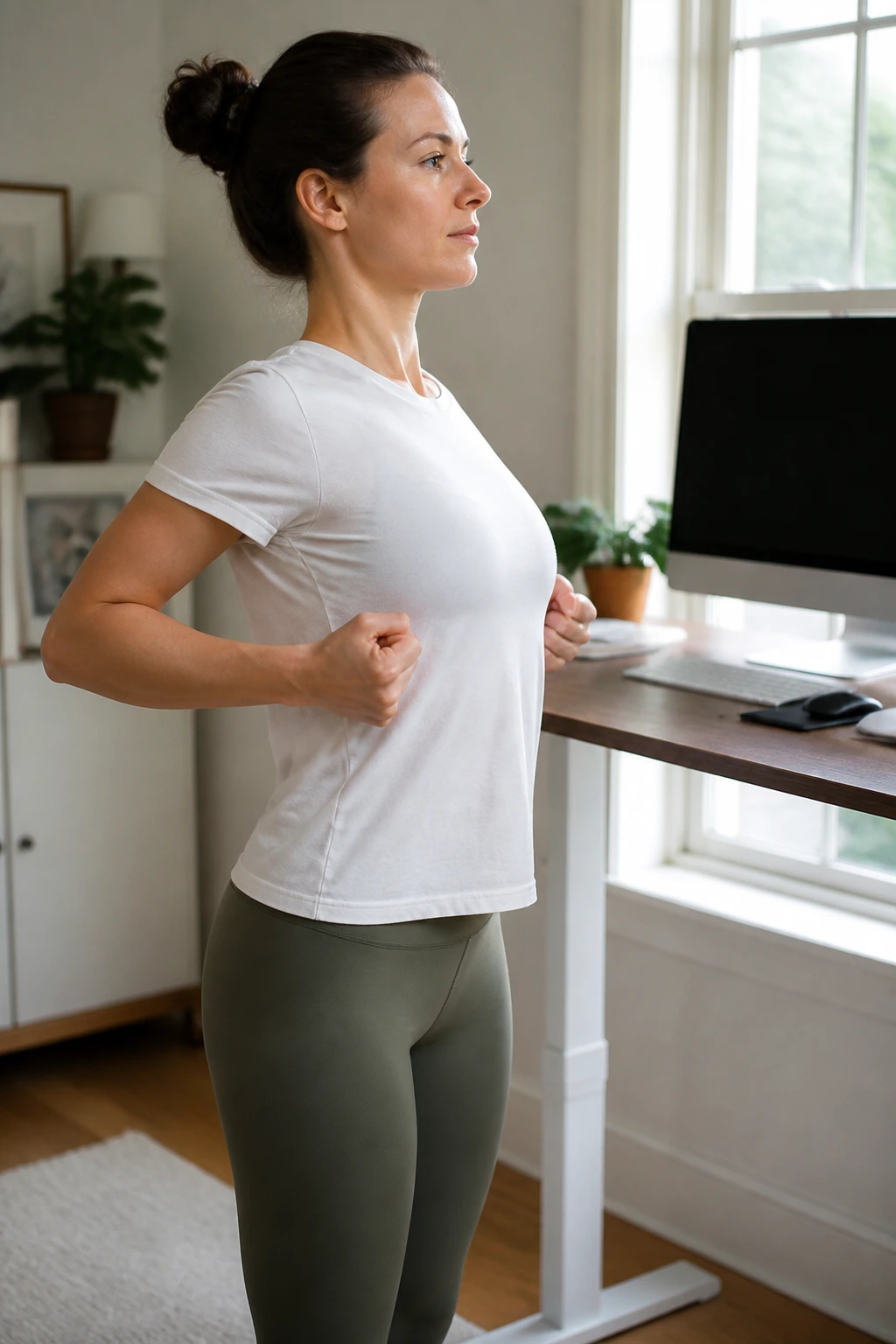 Real person performing scapular squeezes at a standing desk in a bright home office.