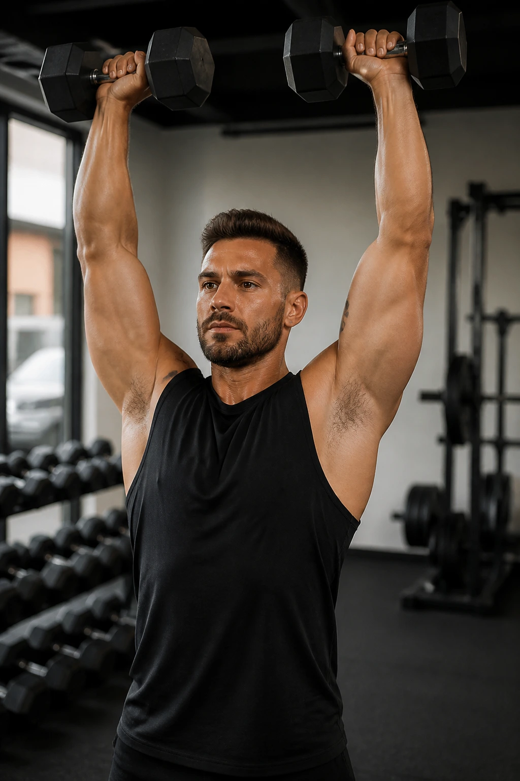 Close-up portrait of a real person performing the standing dumbbell overhead press in a gym.