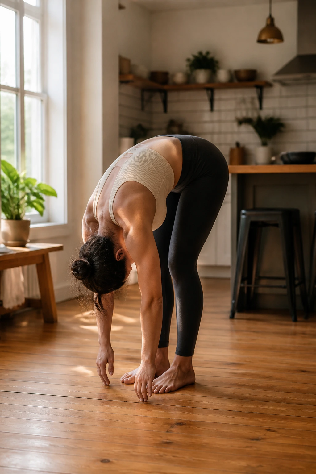 Person in standing forward fold with soft knees in a sunlit space