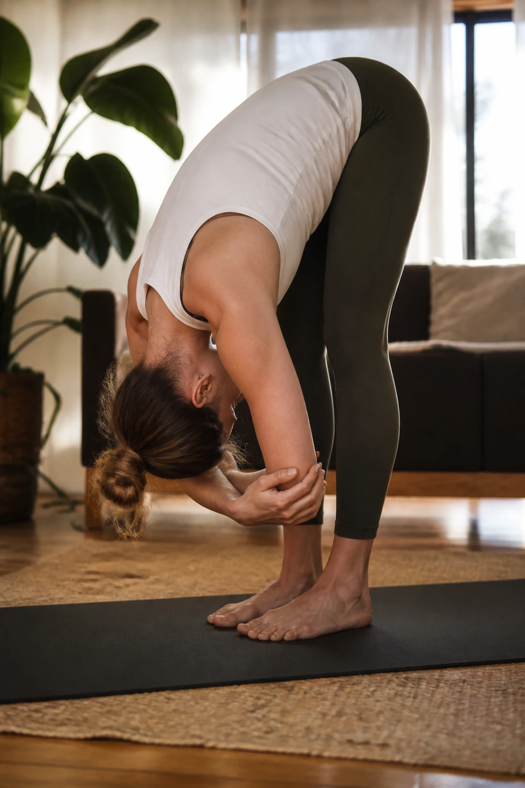 Real person performing standing forward fold with loose knees in a cozy room
