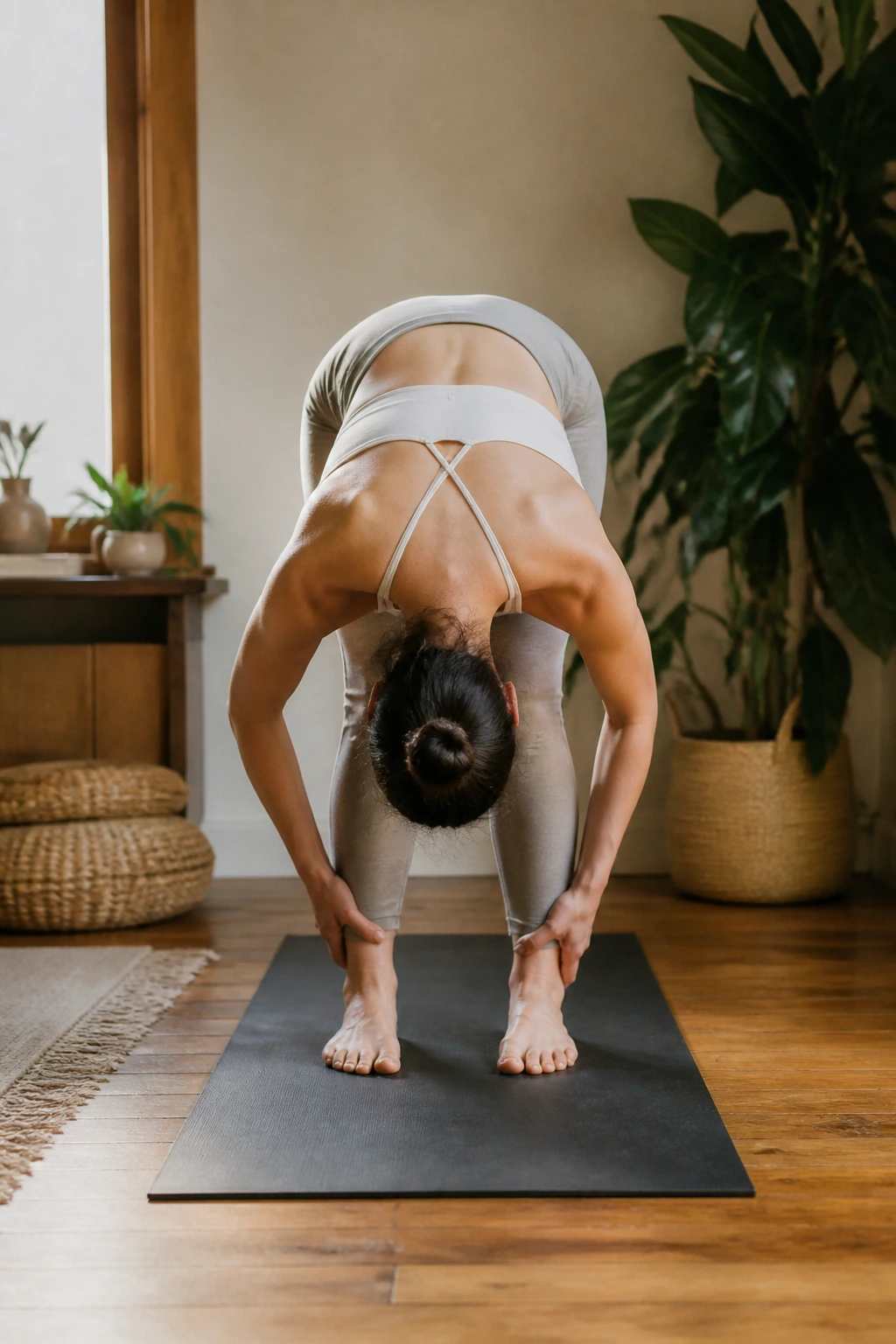 Real person in Standing Forward Fold with knees bent in a warm home space