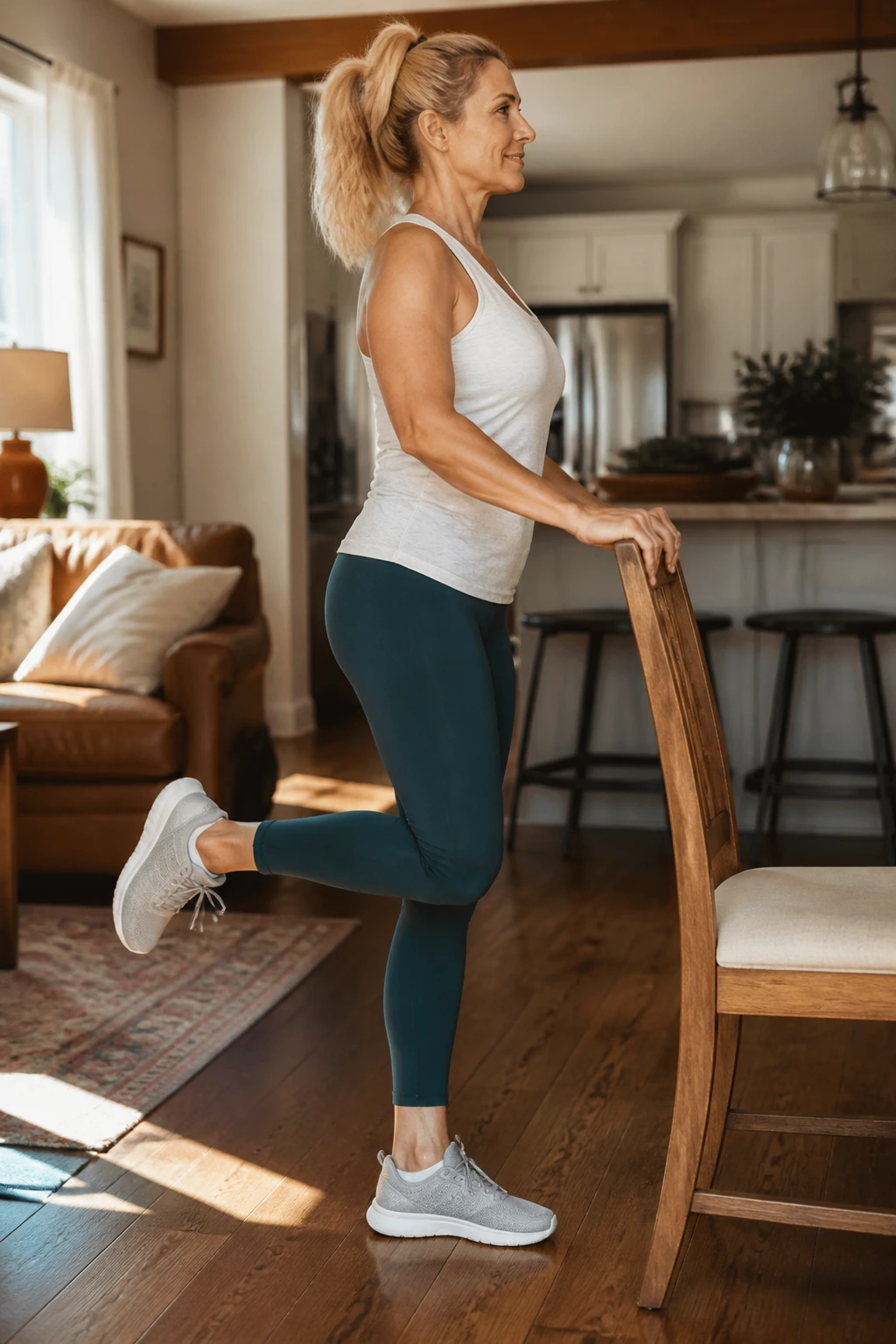 Person performing standing hamstring curl with heel toward glute behind a chair