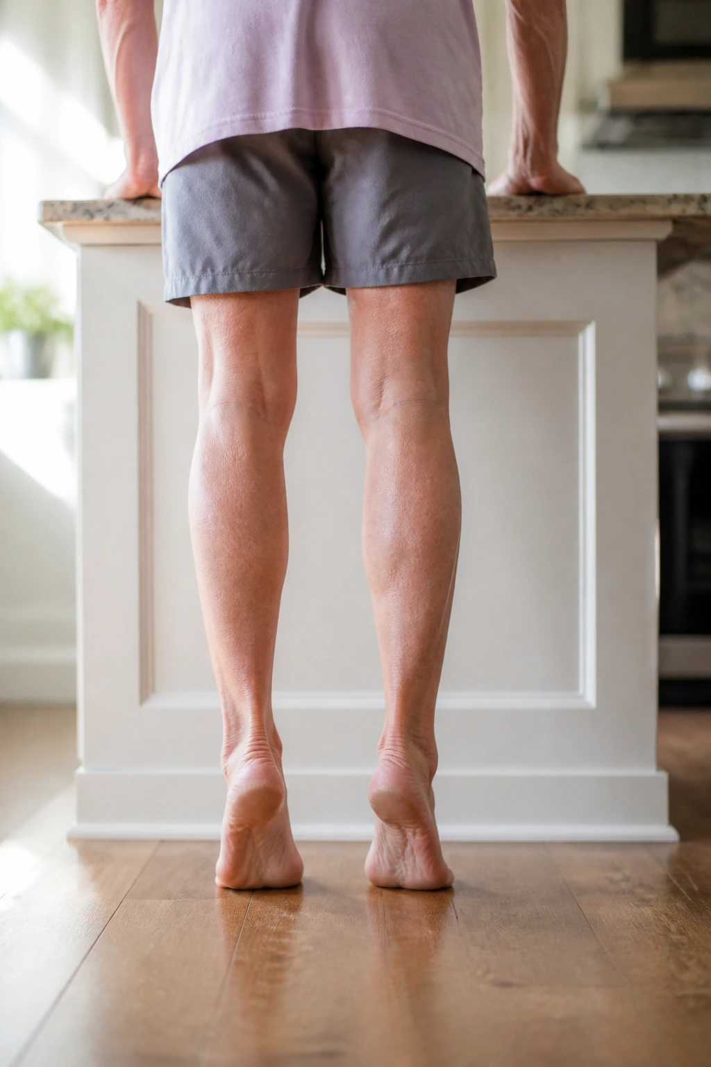 Lower legs and feet performing standing heel raises with counter support