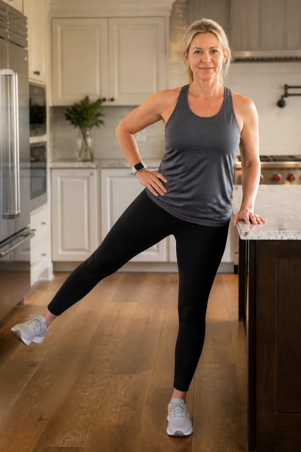 Standing hip abduction performed by a real woman near a kitchen counter