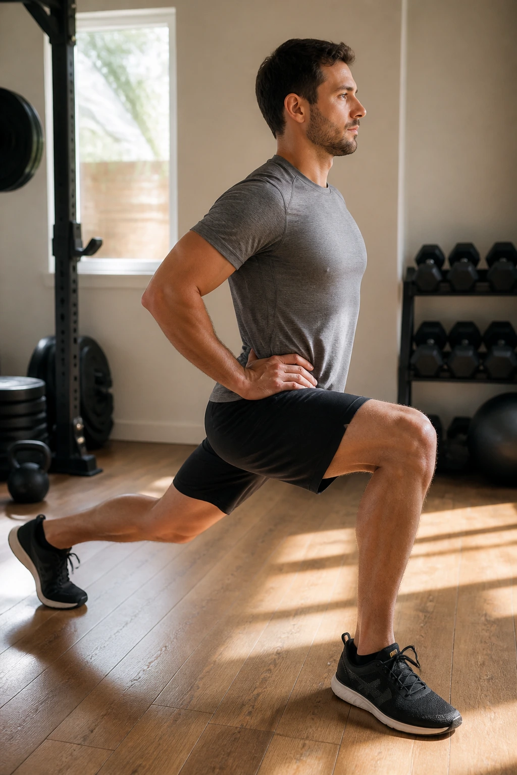Medium close-up of a person performing the standing hip flexor stretch to relieve sciatic nerve tension