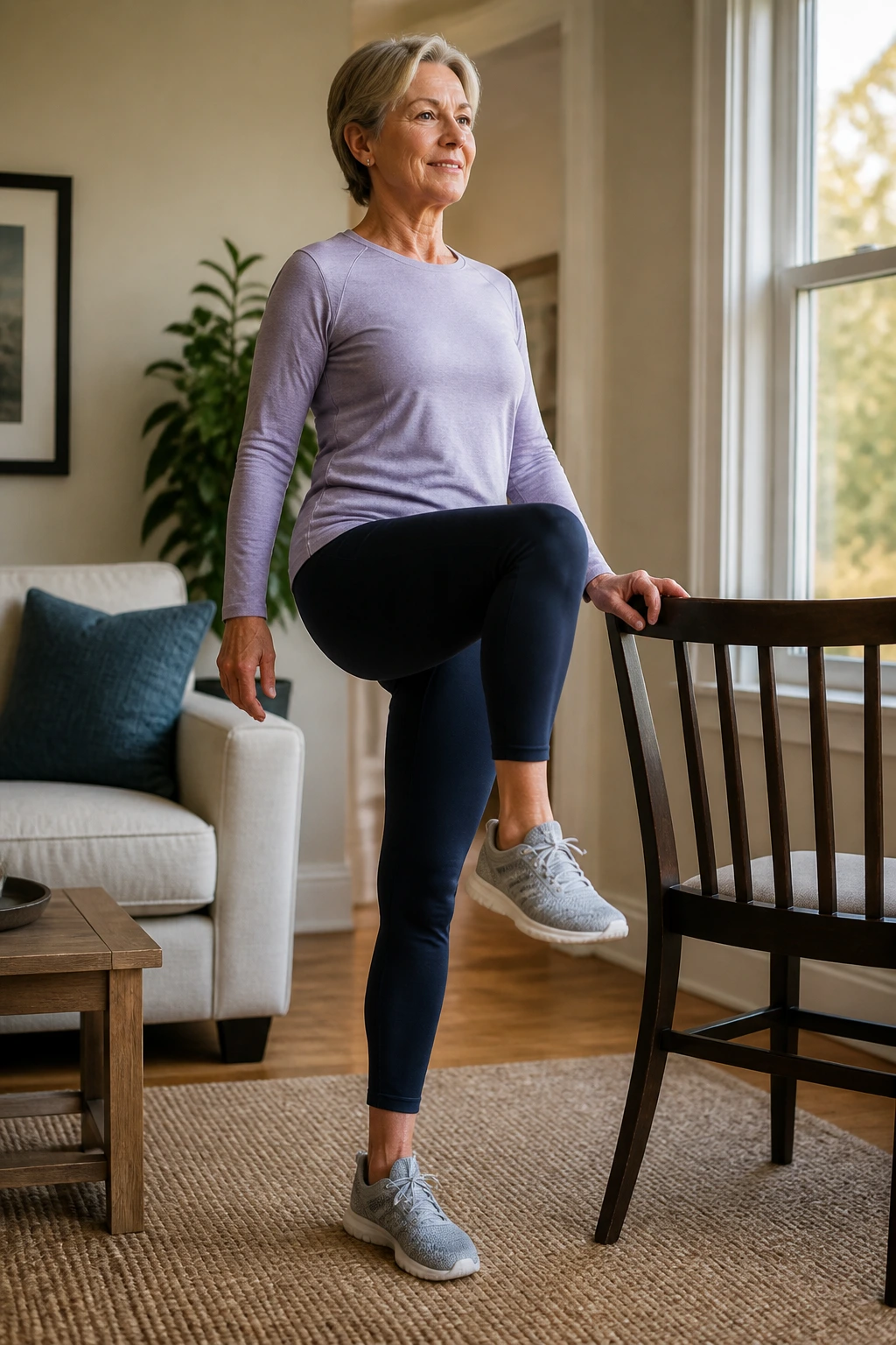 Mid-shot of an older adult performing standing knee lifts with balance in a cozy home setting.
