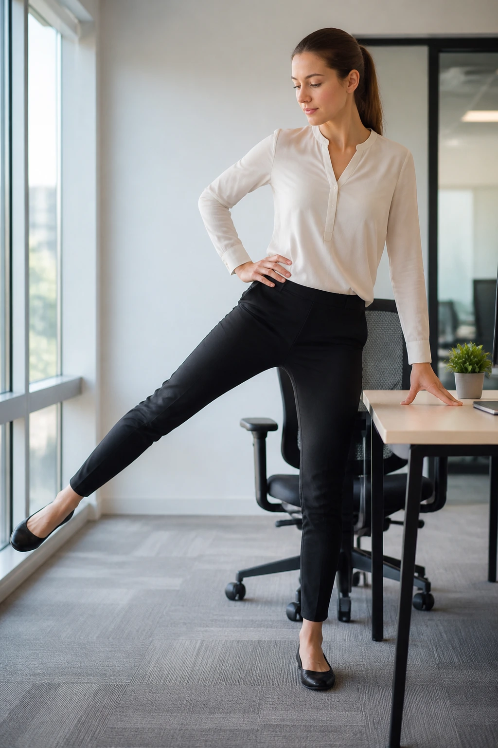 Person performing standing side leg raises beside a desk in an office.