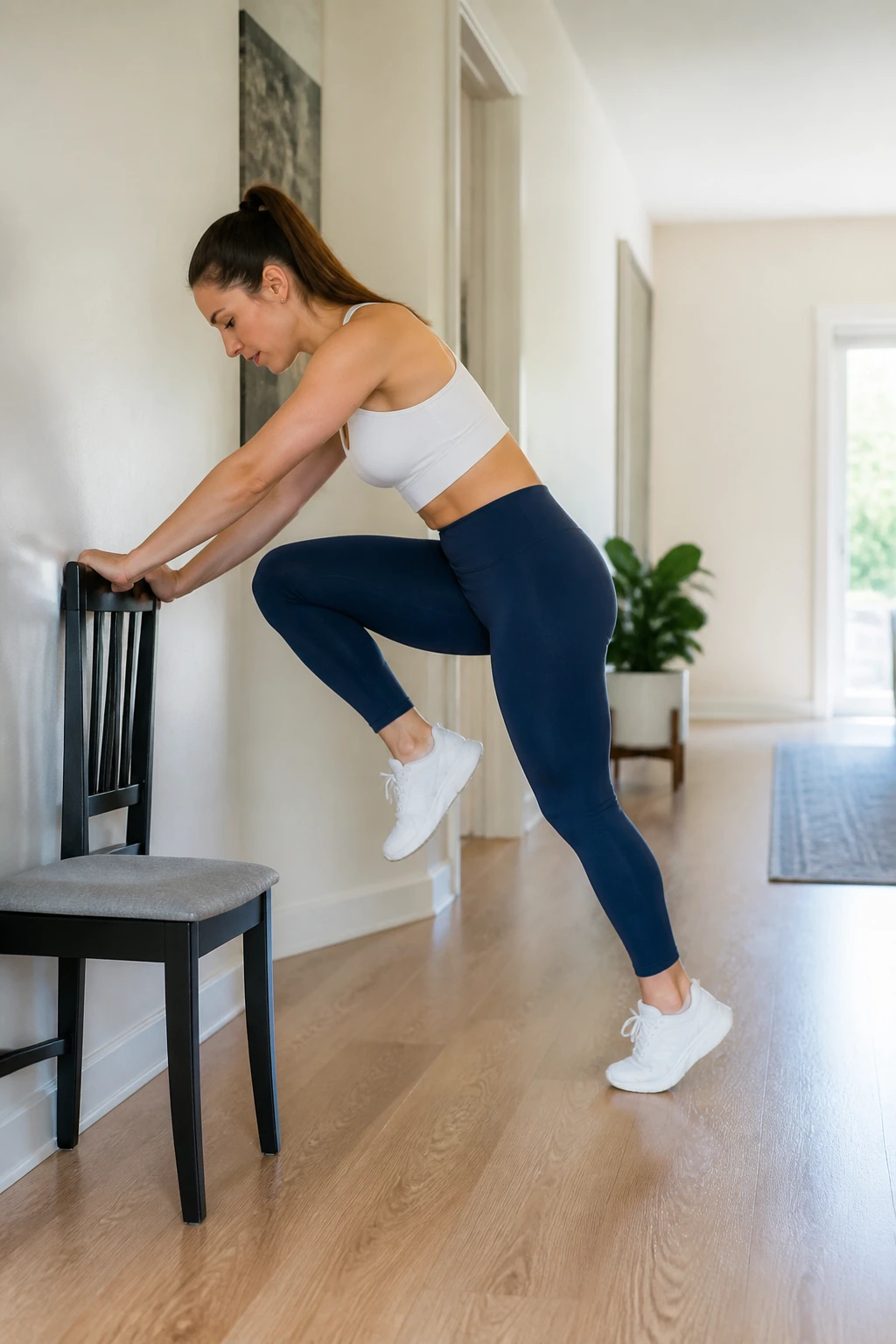 Mid-shot of a person performing standing mountain climber knee drives and tall stand near a wall.