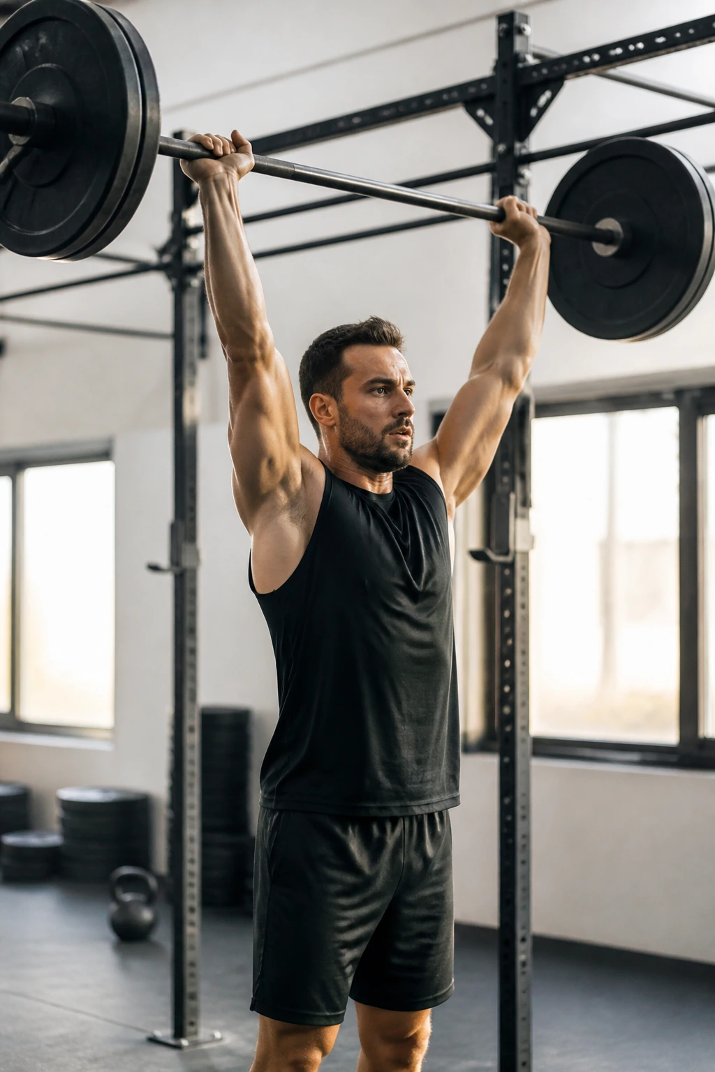 Lifter performing standing overhead press with pull-up bar in the background