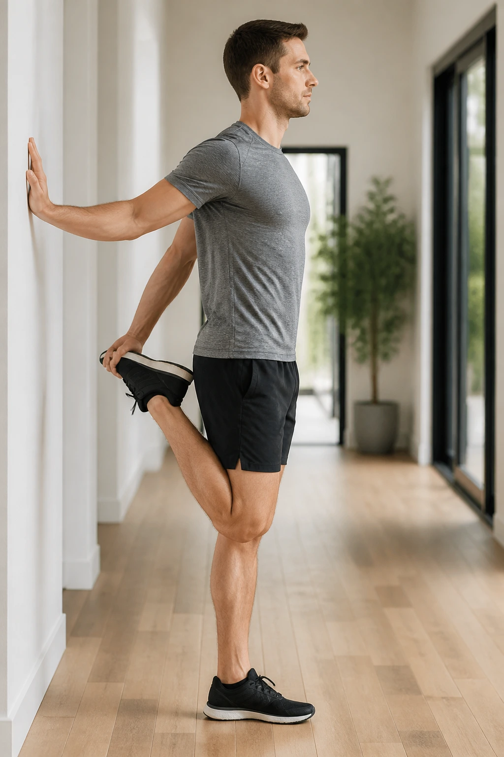 Real person performing standing quad stretch with knee together and ankle held behind the hip