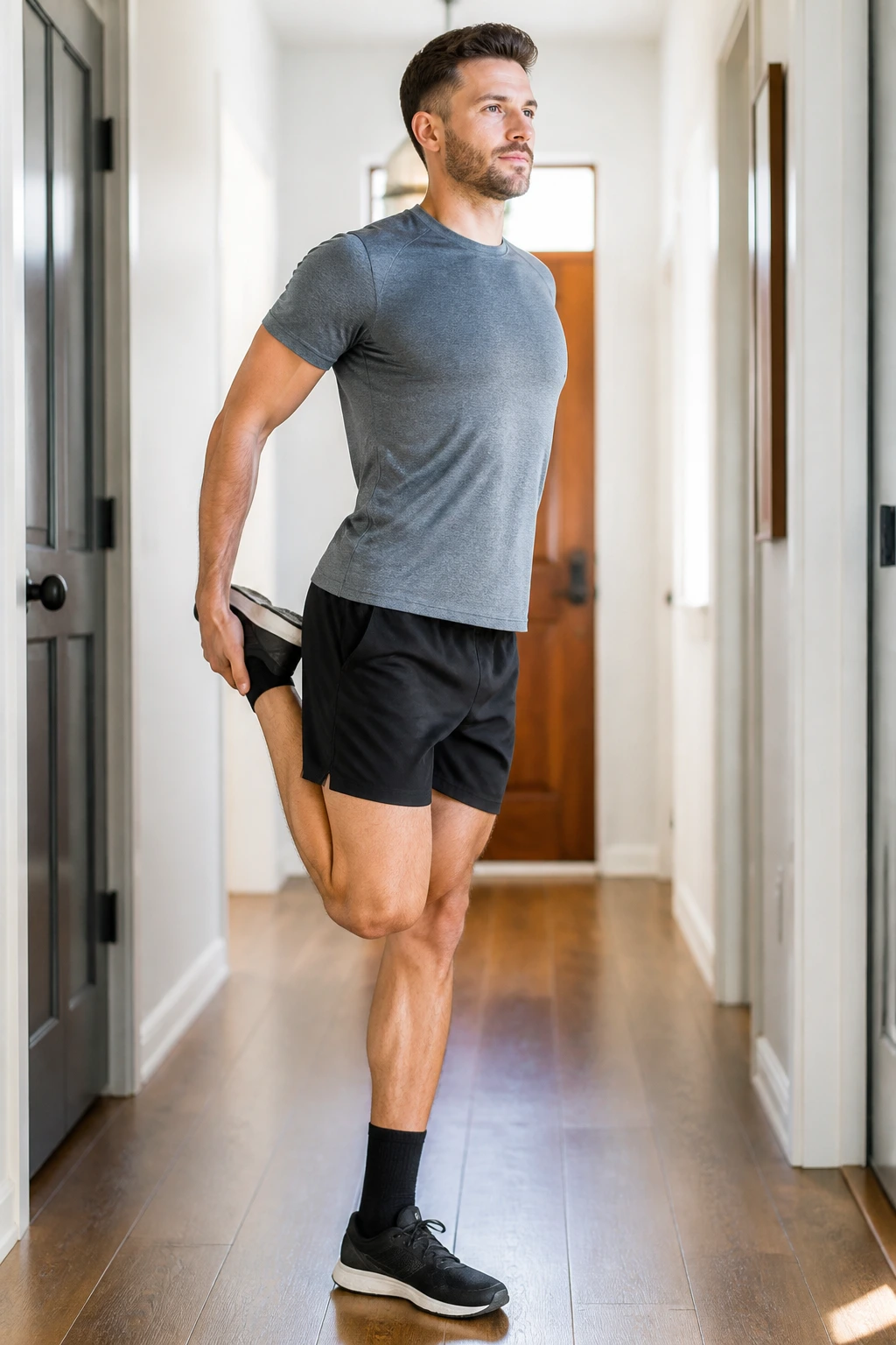 Person performing standing quad stretch with knee together and hip forward.