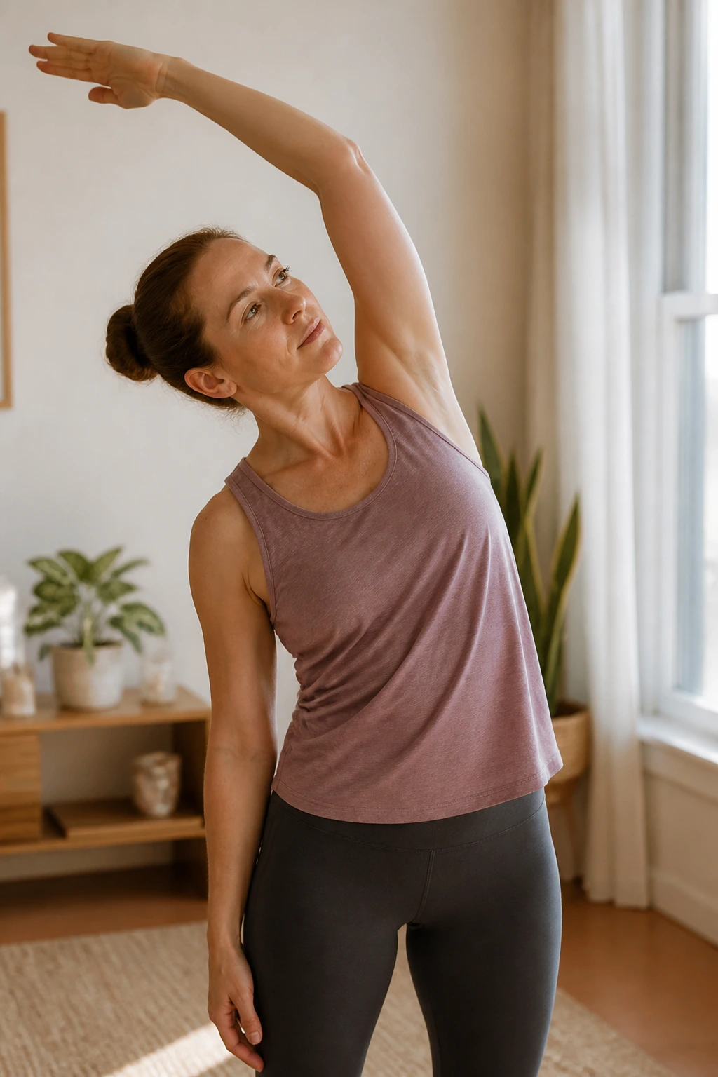 Person performing standing side bend with slow reach