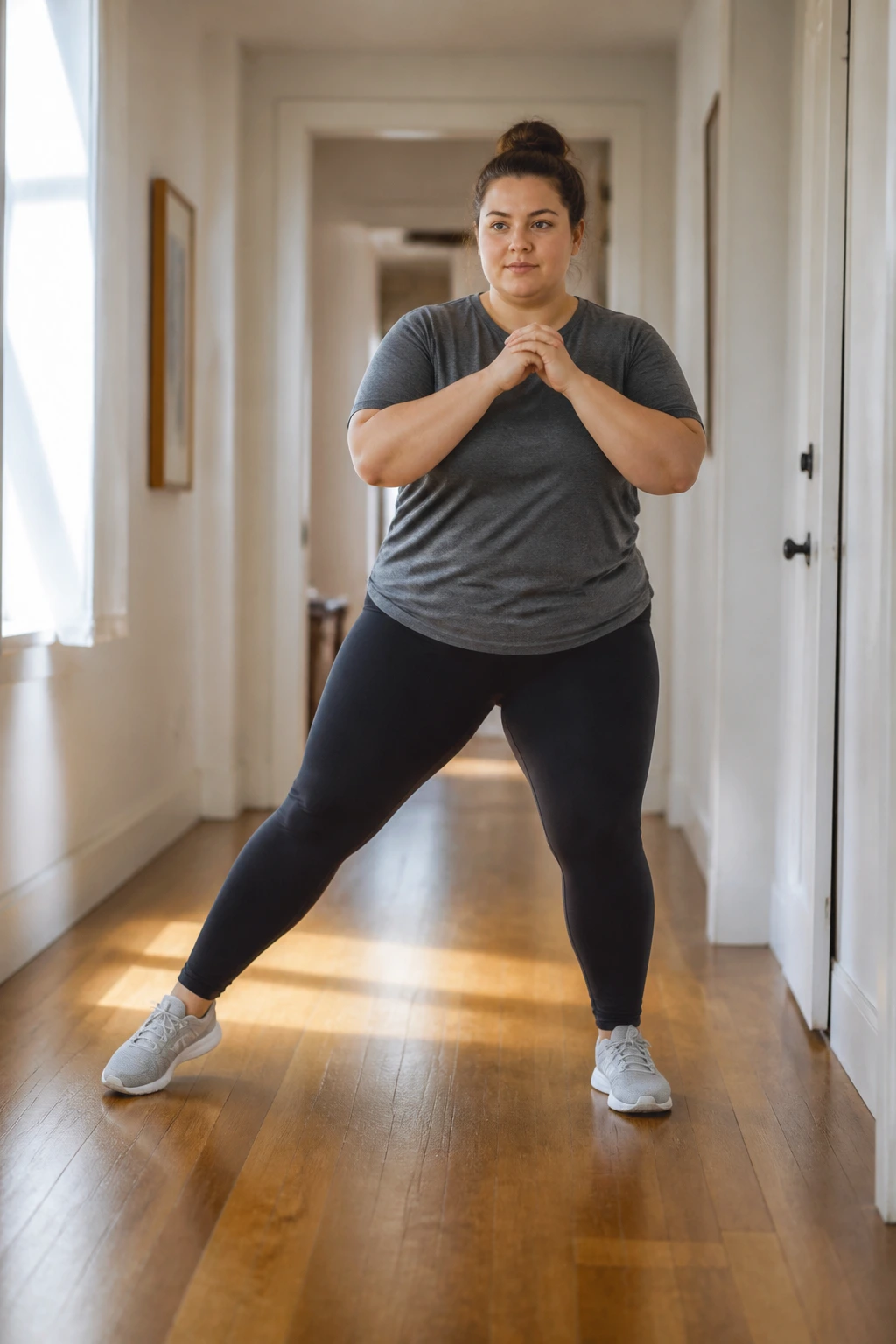 Person performing standing side steps in a hallway to wake hips.