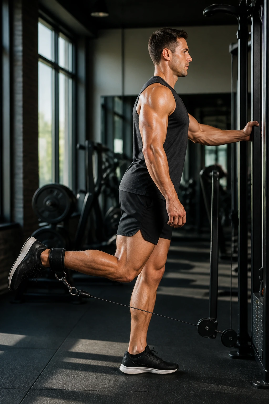Profile view of a real person performing standing single-leg leg curl with controlled movement.
