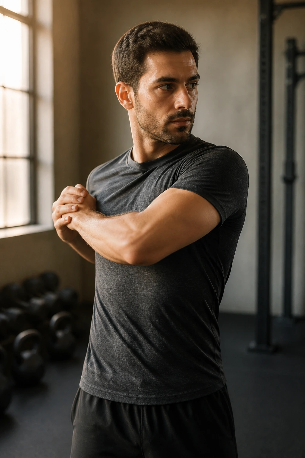 Close-up of torso rotation emphasizing controlled rib-cage twist.