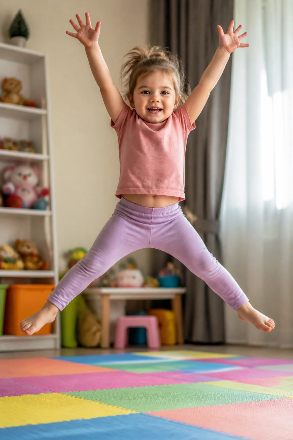 Close-up of a toddler mid-air performing a star jump in a bright playroom