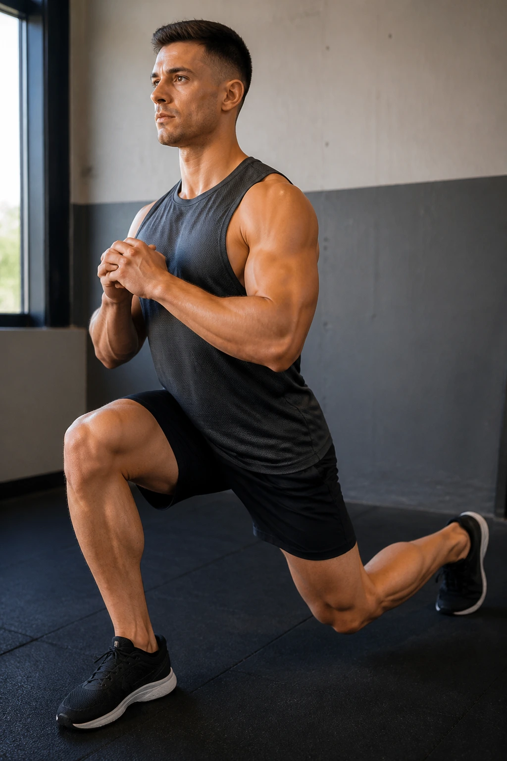 Close-up of a person performing static split squats in a gym
