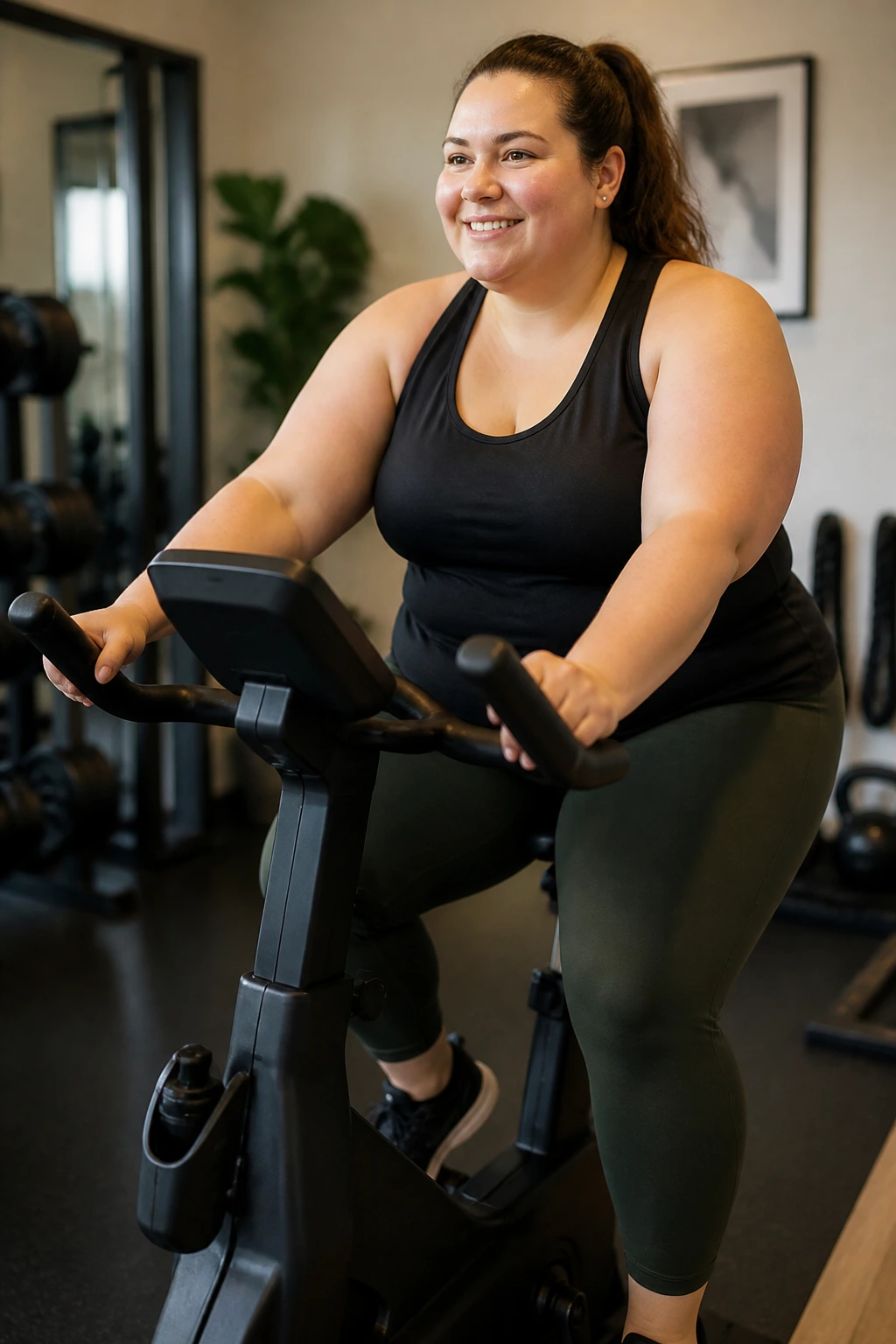 Real person pedaling steadily on a stationary bike in a gym or home setup