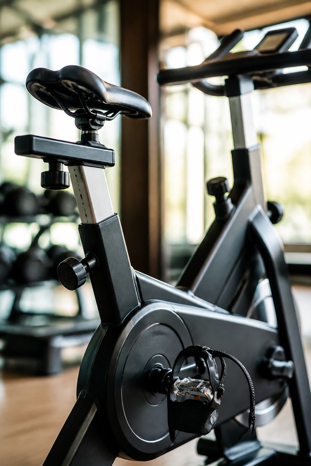 Close-up of stationary bike frame and saddle in a gym