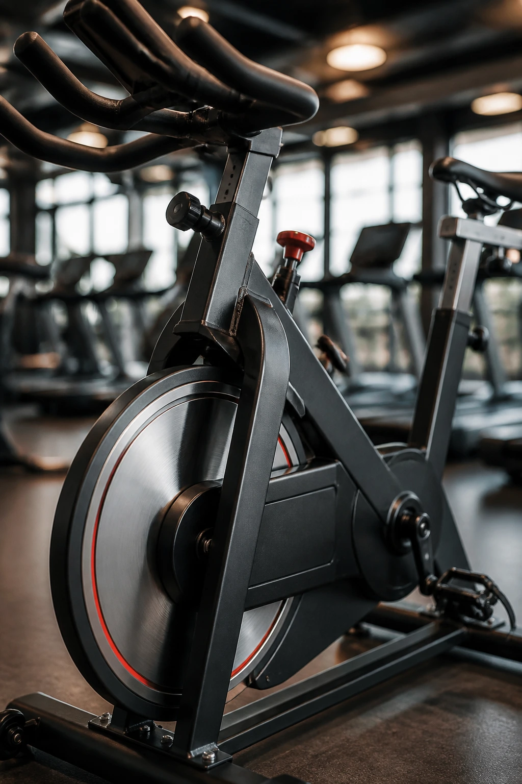 Close-up of a stationary bike in a gym setting with blurred background