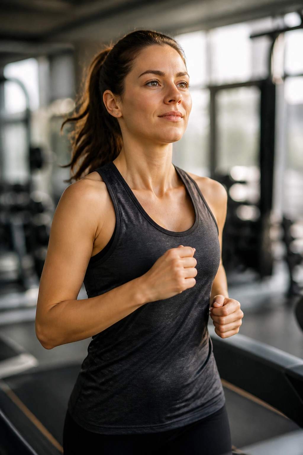 Close-up of a person steady jogging on a treadmill in a bright gym