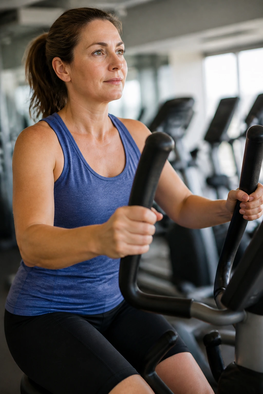 Person on cross trainer performing an easy-pace steady ride in a gym